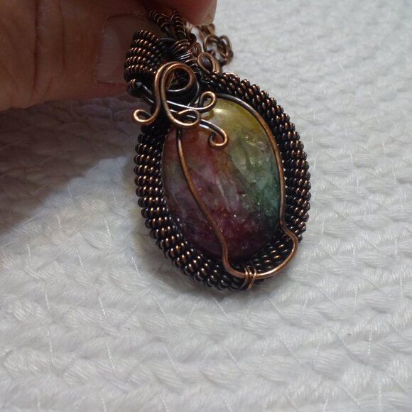Beautiful RAINBOW SOLAR AGATE Handmade COPPER WIRE-WRAPPED Pendant/Chain #936C - Picture 2 of 3
